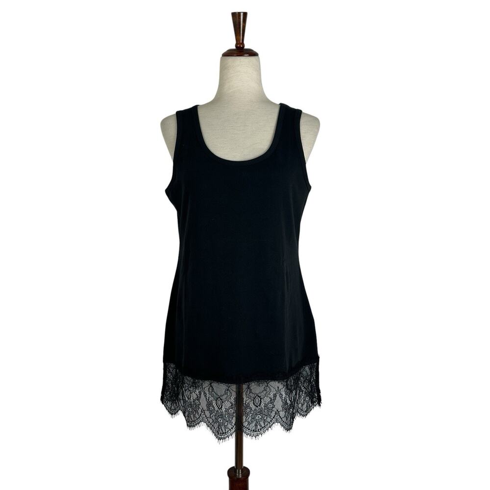 Soft Surroundings Top Women Medium Black Tunic Tank Lace Trim Cotton Knit Layer